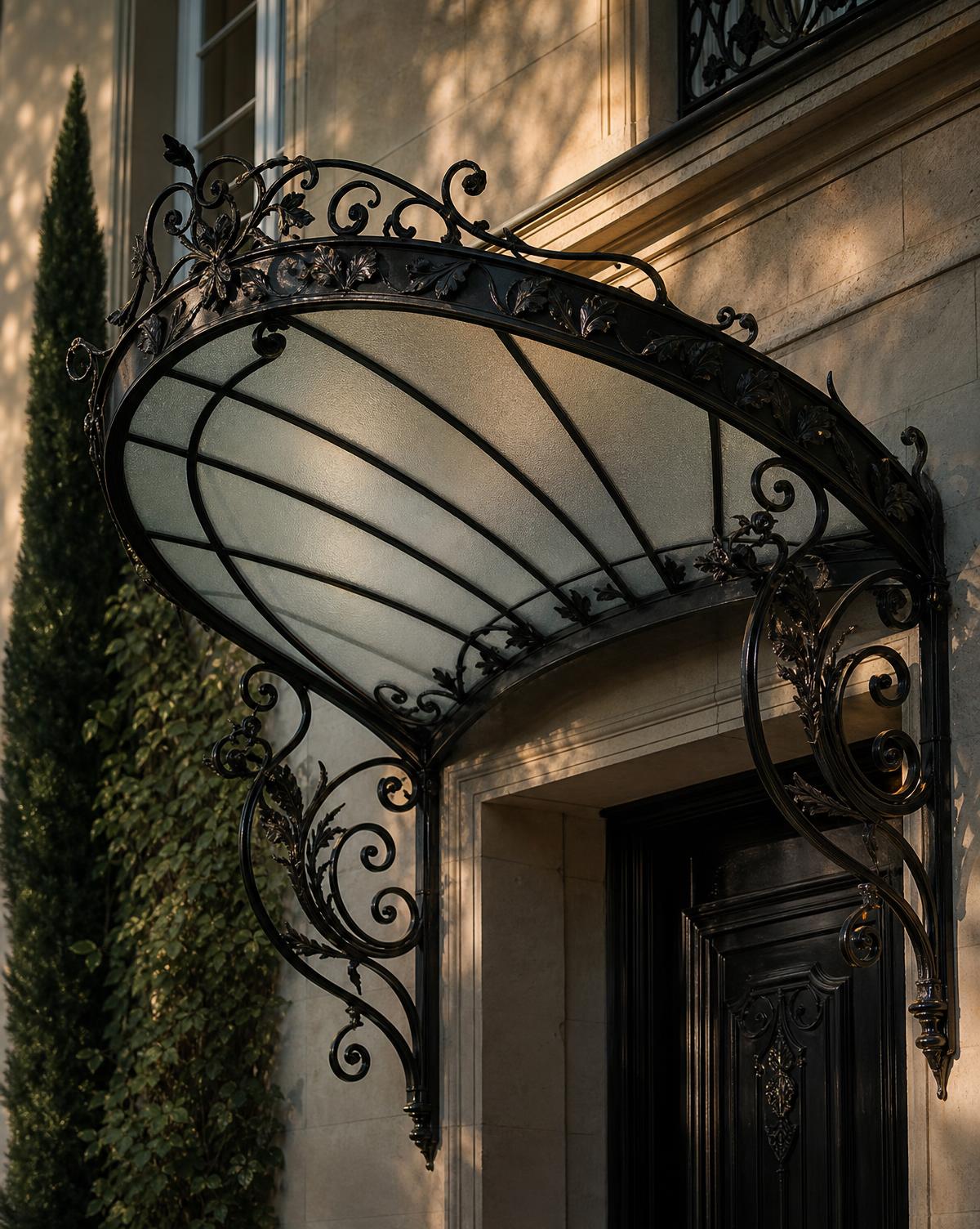 Marquise en fer forgé noir et verre dépoli au-dessus d'une entrée