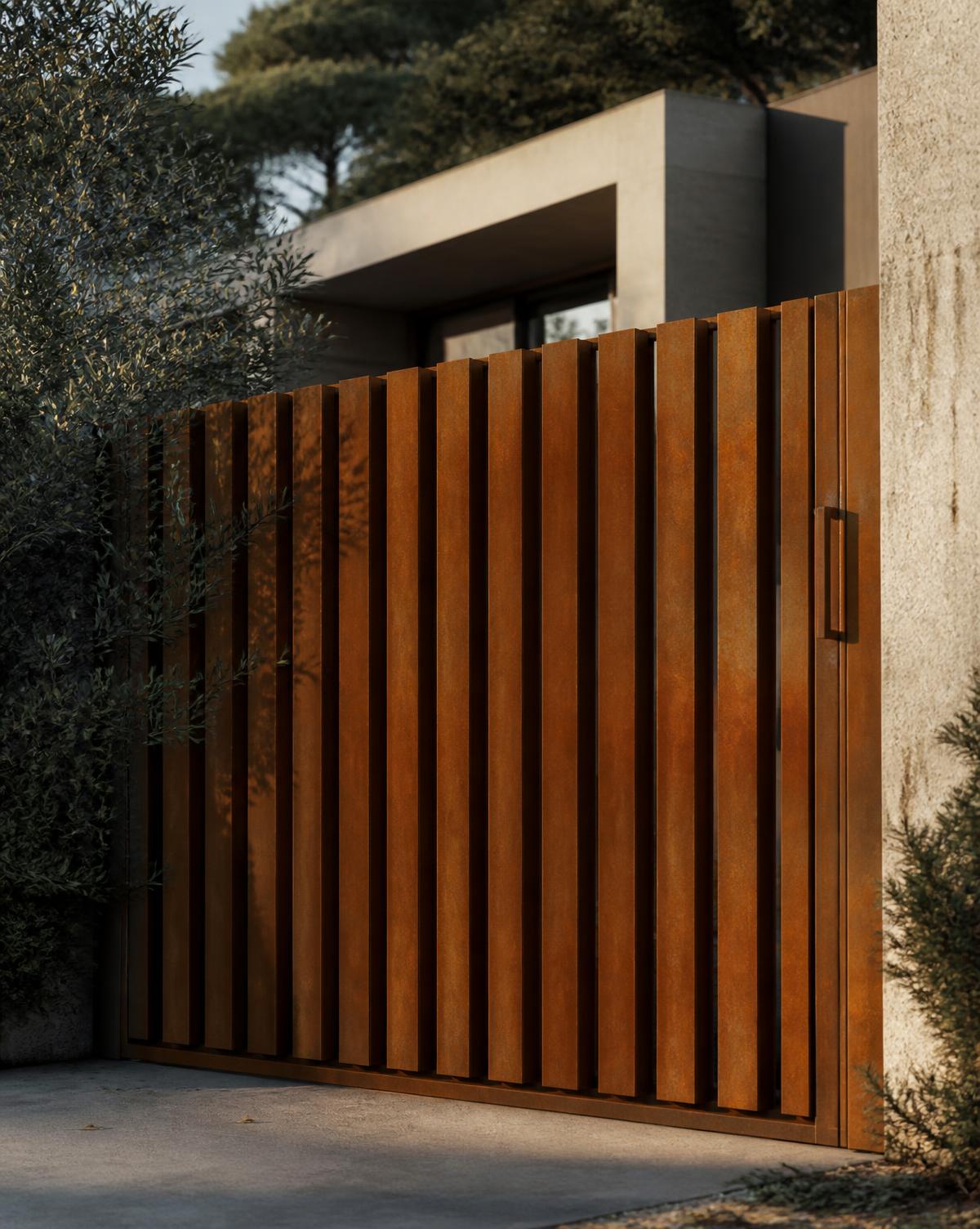 Portail contemporain en lames d'acier Corten